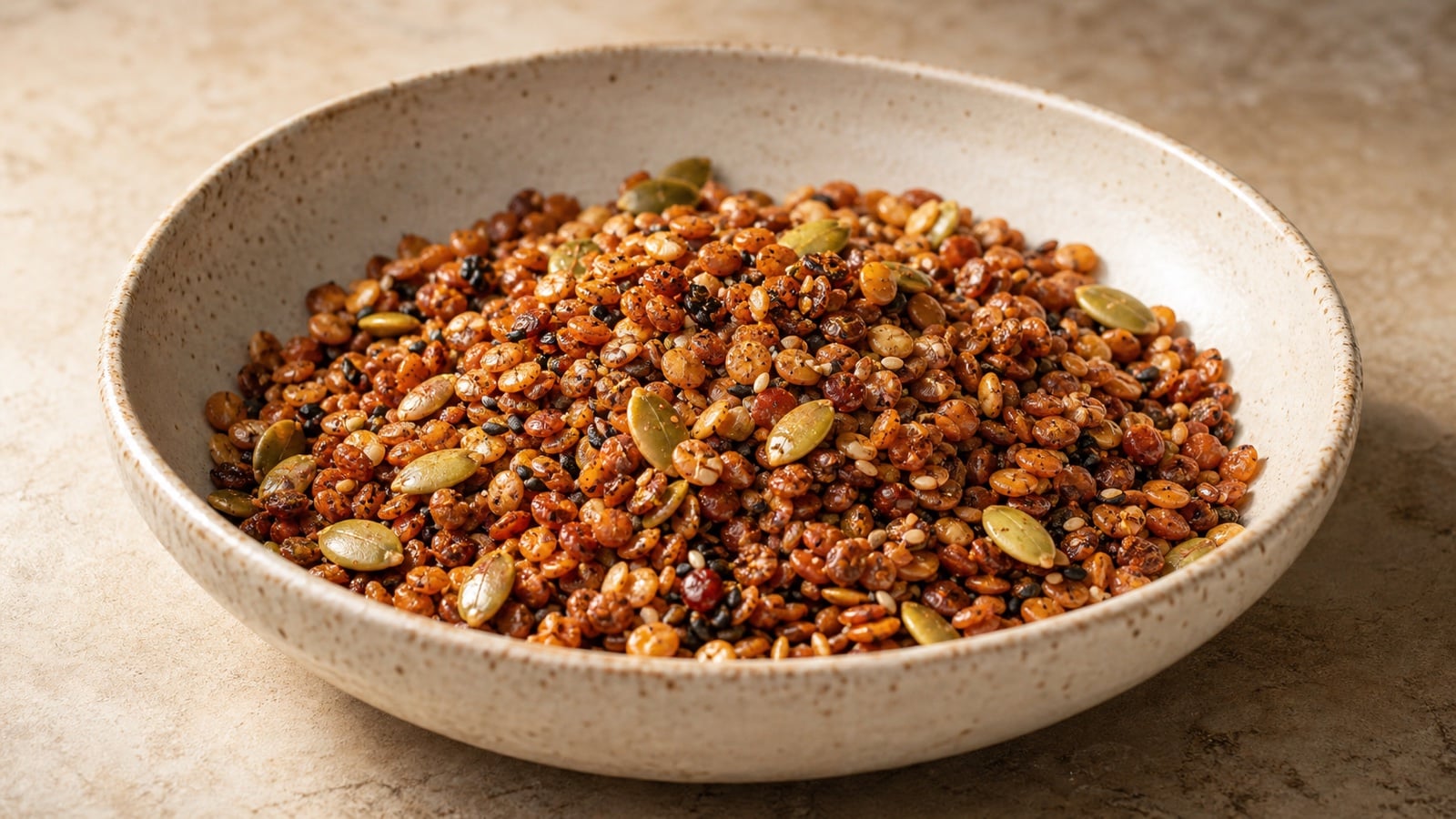 Red lentil granola with pumpkin and sesame seeds in a ceramic bowl