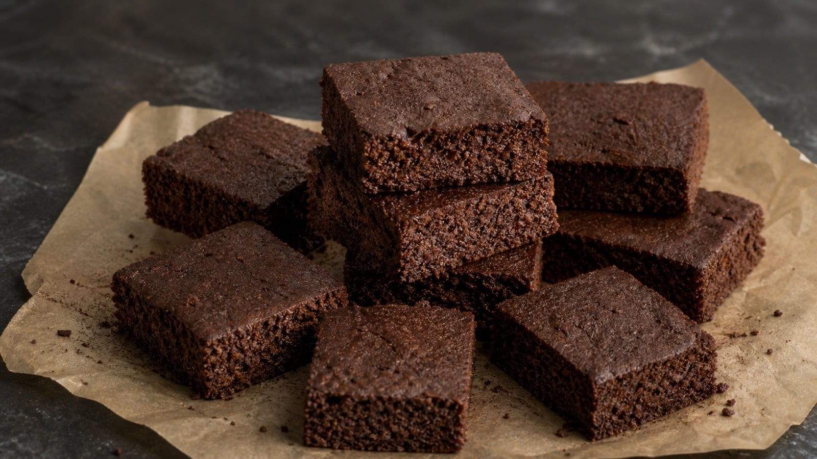 Plain double chocolate protein cake bars on parchment