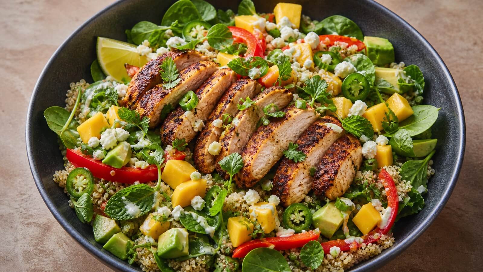 Blackened chicken quinoa salad with mango and avocado