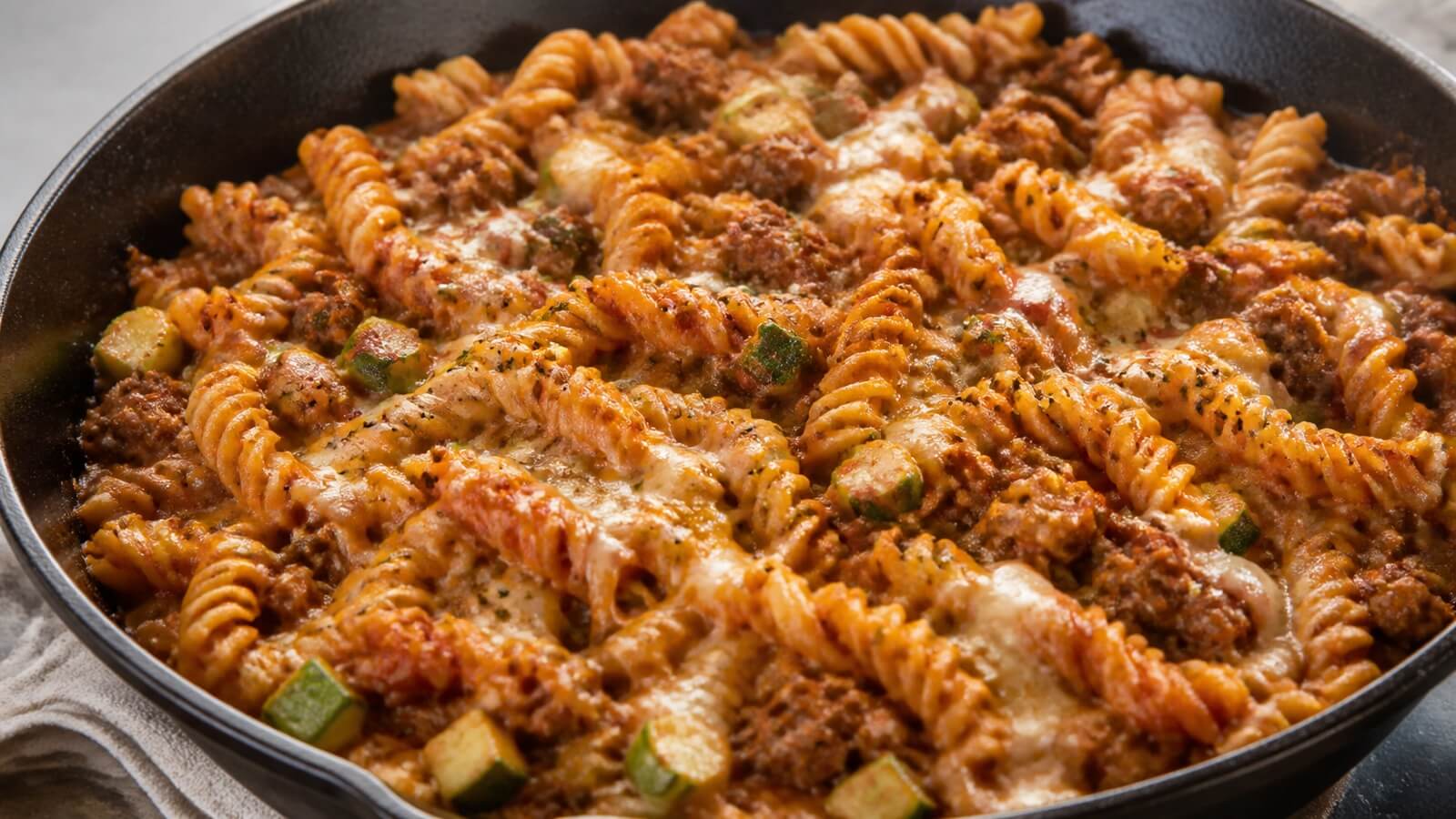 Cheesy beef rotini pasta with zucchini
