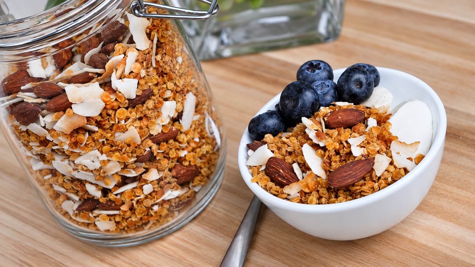 Maple-roasted red lentil granola with almonds and coconut