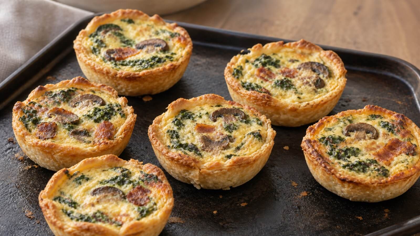 Six mini spinach and mushroom quiches