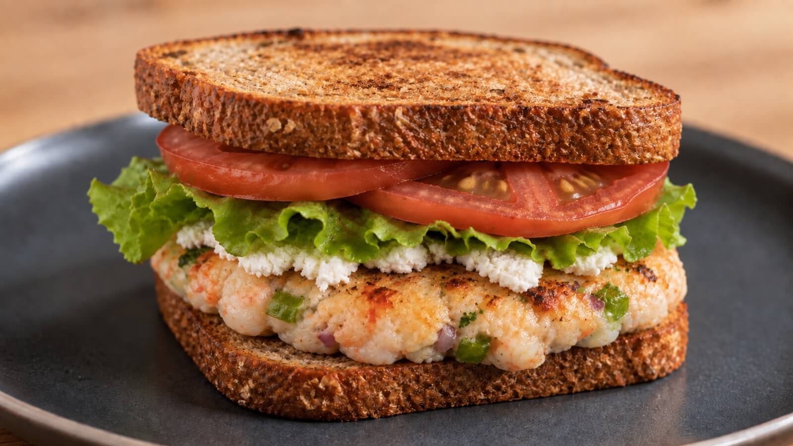 Shrimp burger with goat cheese, lettuce, and tomato